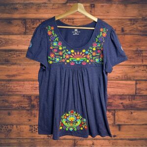 South Main Puebla Mexican Navy Embroidered Soft Tee Blouse XXL